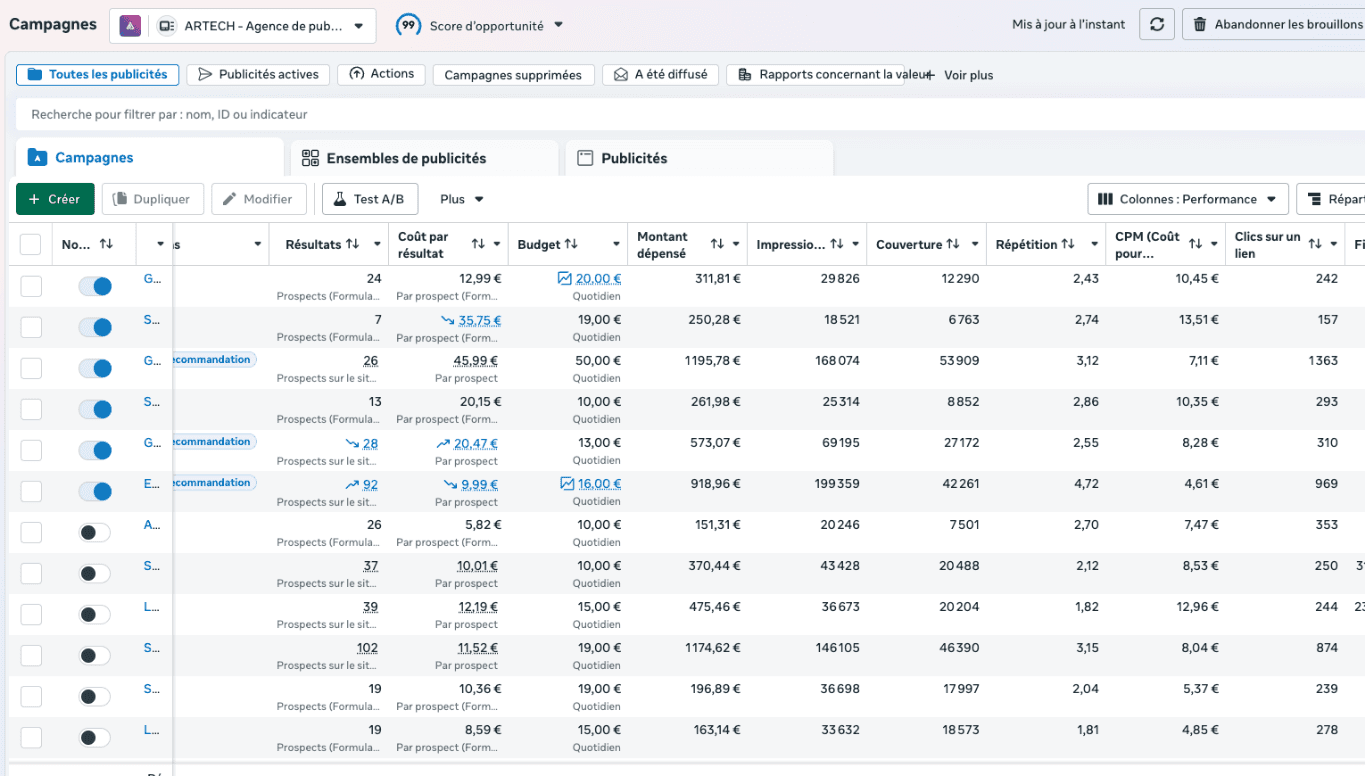 Capture des performances d'une campagne Meta Ads pilotée par Artech