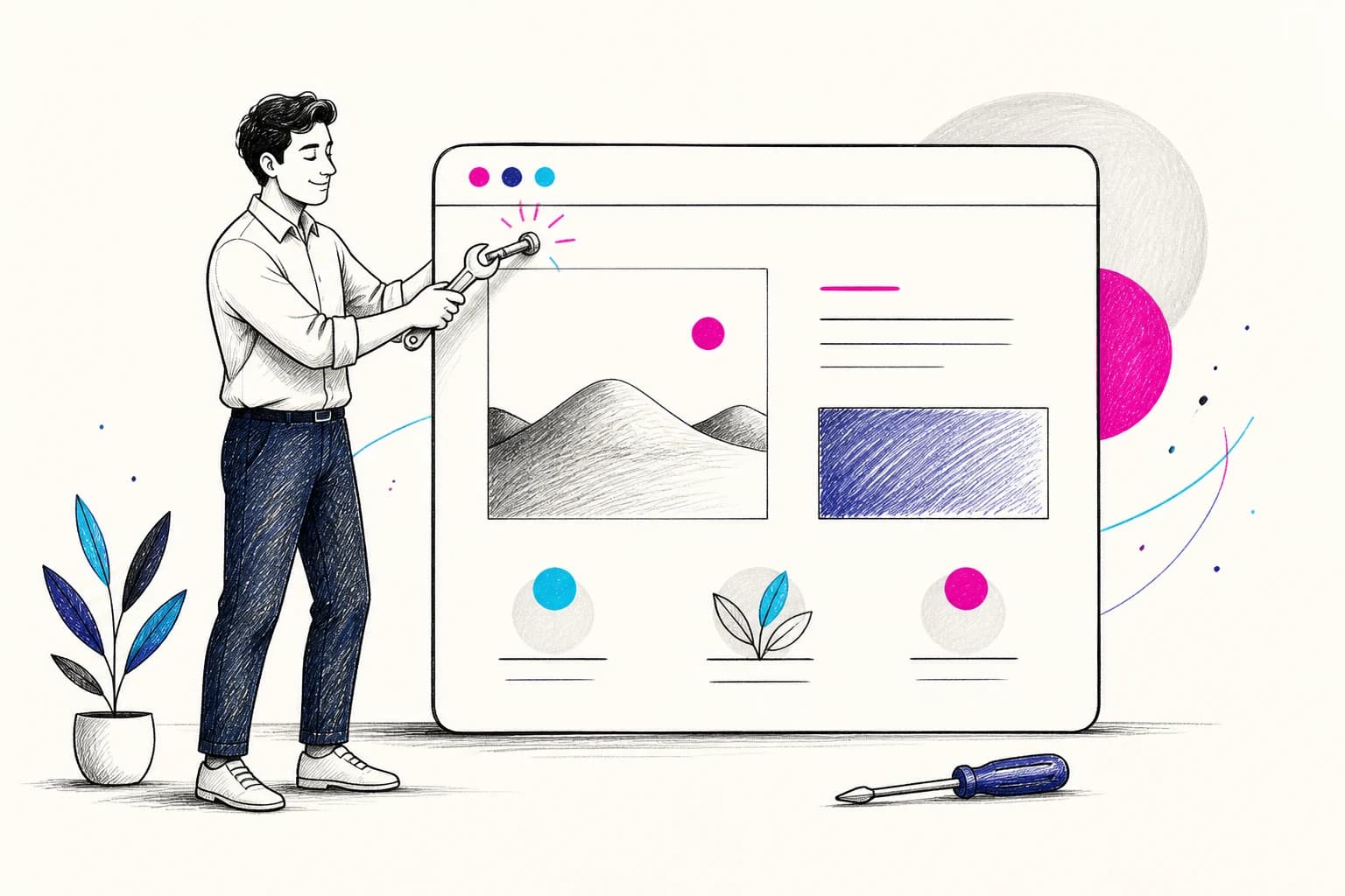 Illustration d’un professionnel ajustant une page web avec une clé