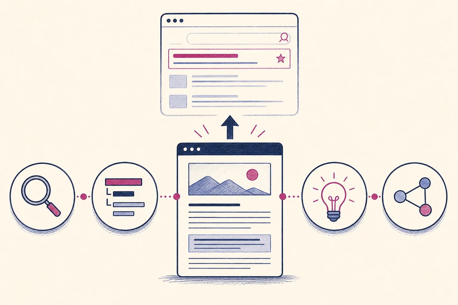 Illustration des cinq étapes qui relient un article de blog à sa visibilité dans Google