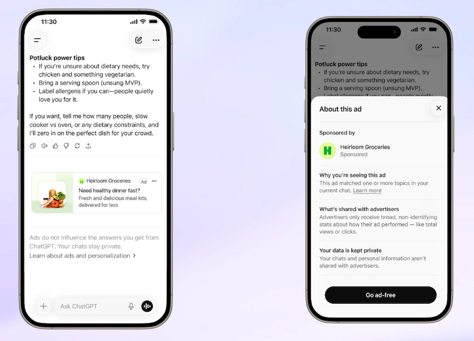 Maquette OpenAI : une annonce Heirloom Groceries sous une réponse de ChatGPT, et le panneau « About this ad » précisant que les conversations ne sont pas partagées avec les annonceurs