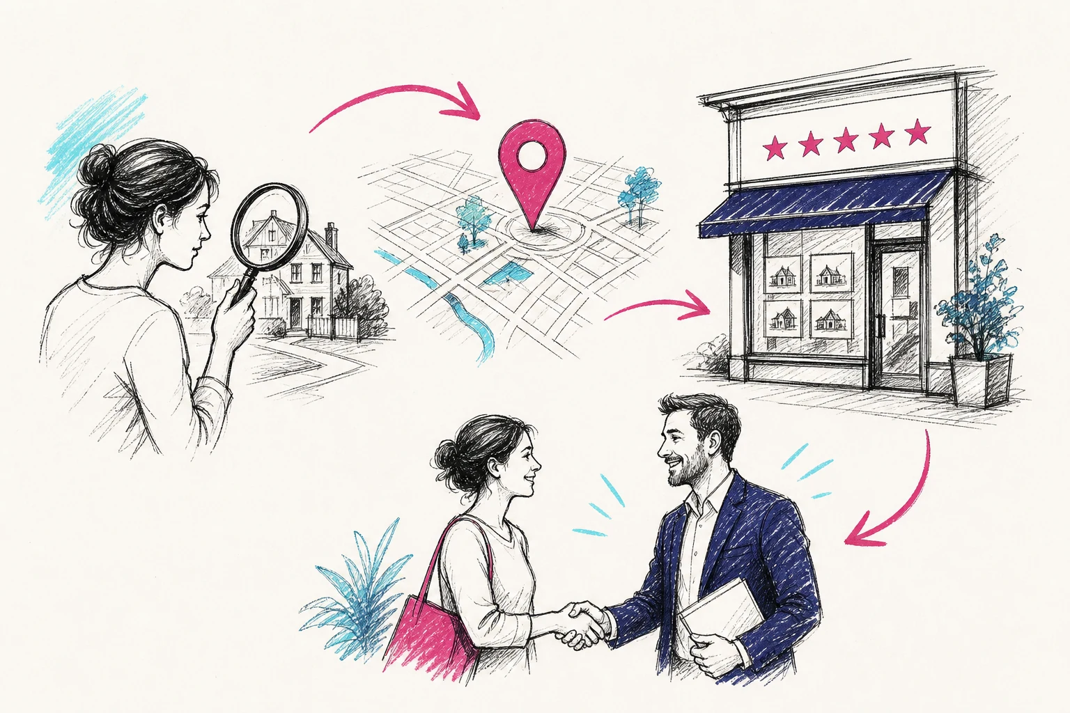 Dessin du parcours entre la recherche locale d’un propriétaire et sa rencontre avec une agence immobilière